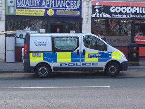 A scientific support van at the scene of the assault.